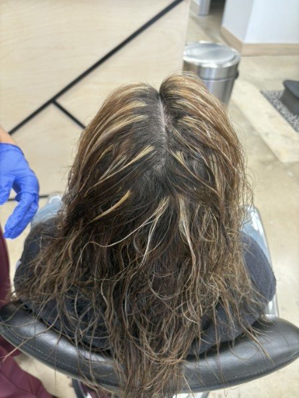 Before: grown-out, patchy highlights