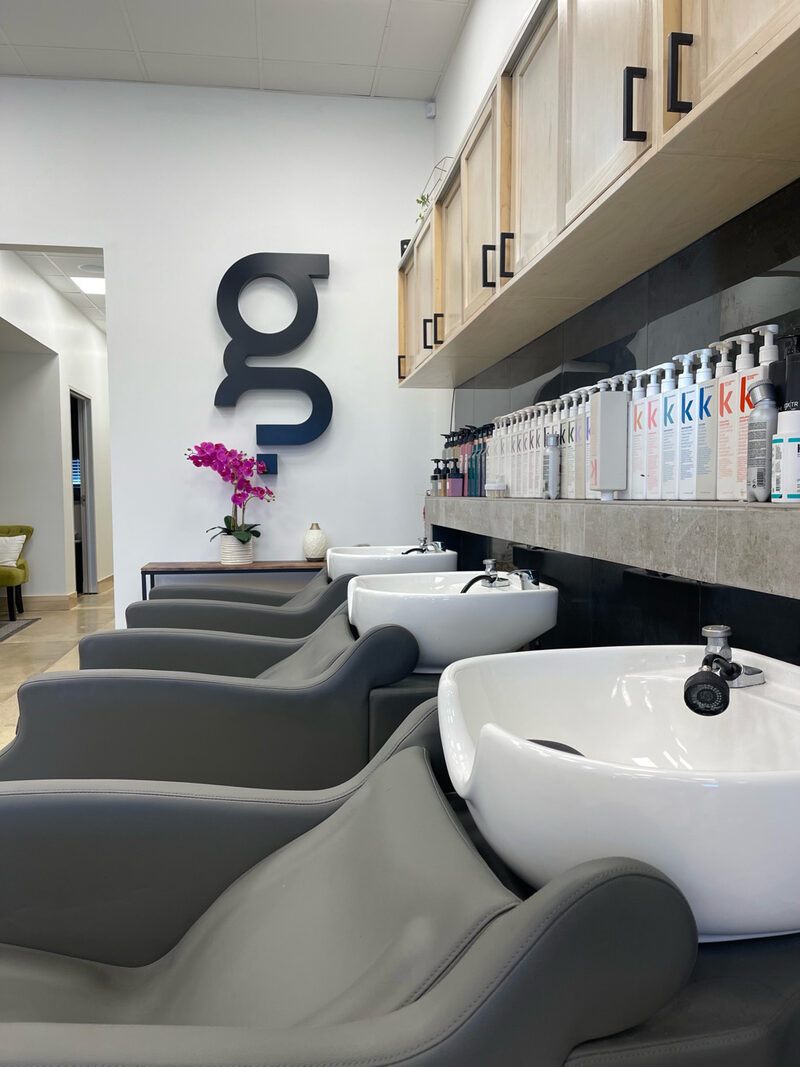 Got Hair? Color Salon interior — wash stations with professional products and signature g? logo
